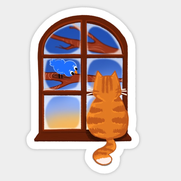 Ginger CAT with Blue bird in early morning Sticker by SusanaDesigns